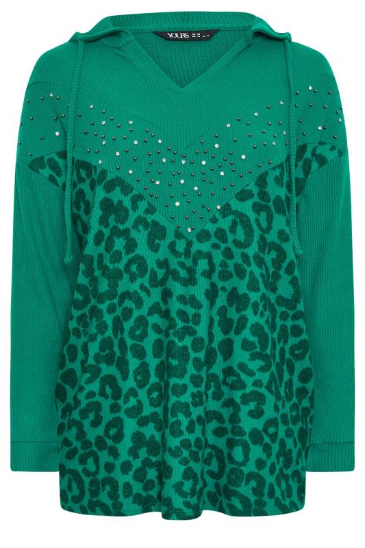 YOURS Plus Size Green Leopard Print Embellished Hoodie | Yours Clothing 5