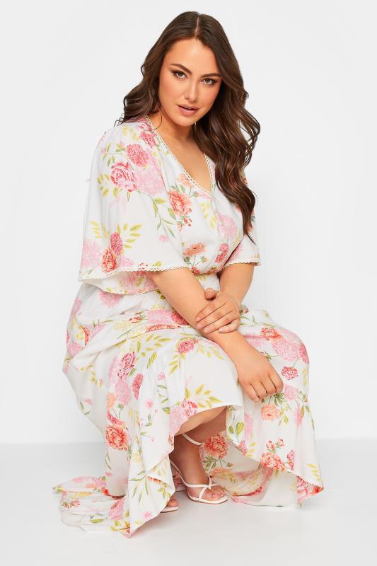 YOURS Plus Size White Floral Print Dipped Hem Midi Dress | Yours Clothing 4