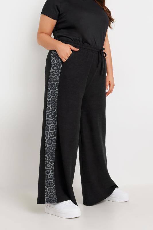 YOURS Plus Size Black Leopard Print Side Stripe Trousers | Yours Clothing  1