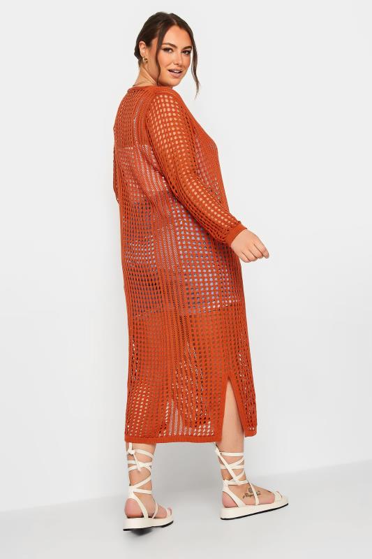 YOURS Plus Size Orange Crochet Button Longline Cardigan | Yours Clothing 3