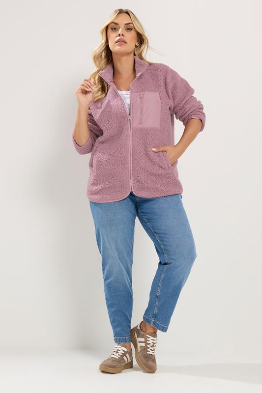 YOURS Plus Size Pink Pocket Teddy Fleece Jacket | Yours Clothing 2
