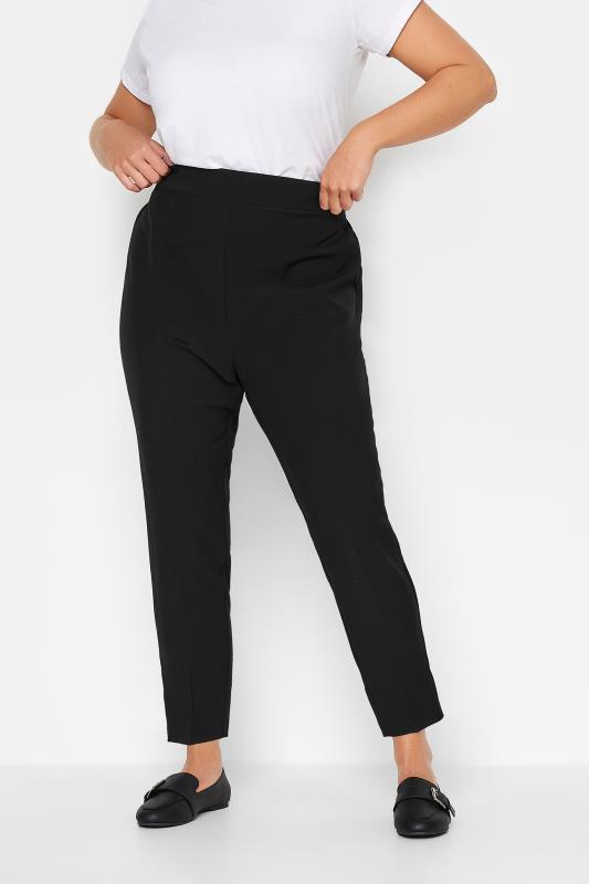 Plus Size Black Elasticated Tapered Stretch Trousers | Yours Clothing 1
