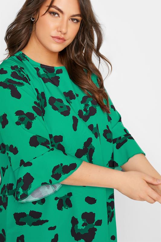 YOURS LONDON Plus Size Bright Green Leopard Print Flute Sleeve Tunic Top | Yours Clothing 4