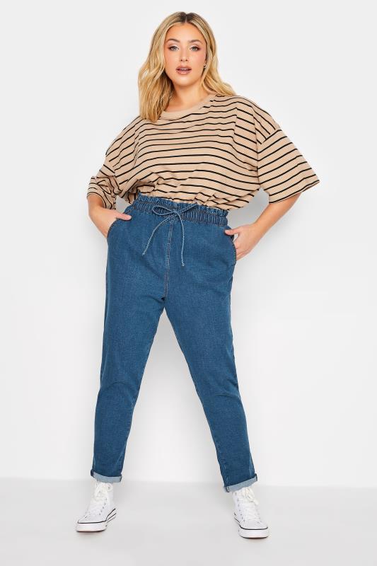 Plus Size Mid Blue Paperbag Waist Stretch MOM Jeans | Yours Clothing 2