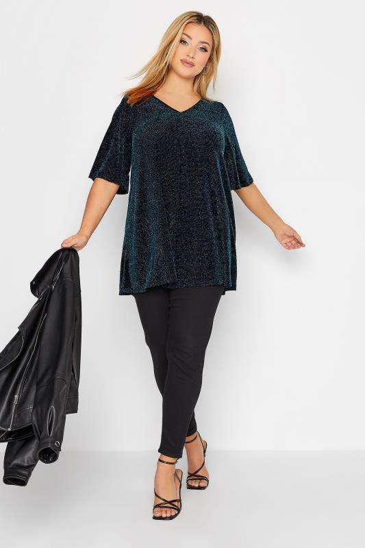 Curve Teal Blue Glitter Swing Top | Yours Clothing 2
