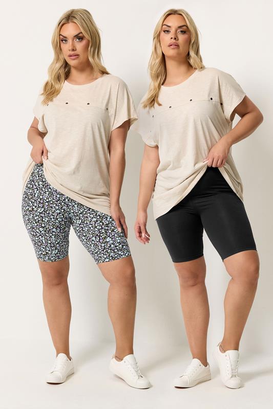 YOURSET 2 PACK Plus Size Black Ditsy Floral Cycling Shorts | Yours Clothing 1