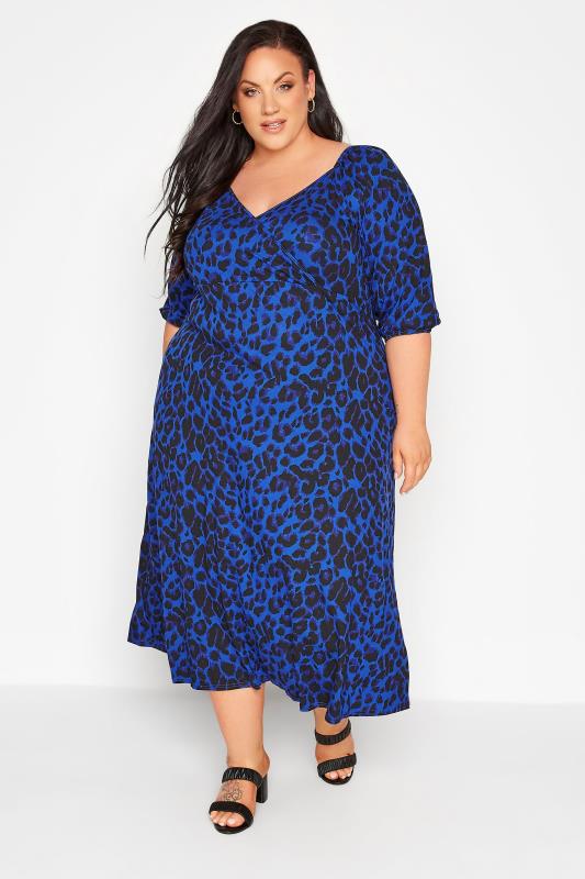 LIMITED COLLECTION Plus Size Navy Blue Leopard Print Wrap Milkmaid Dress | Yours Clothing 1