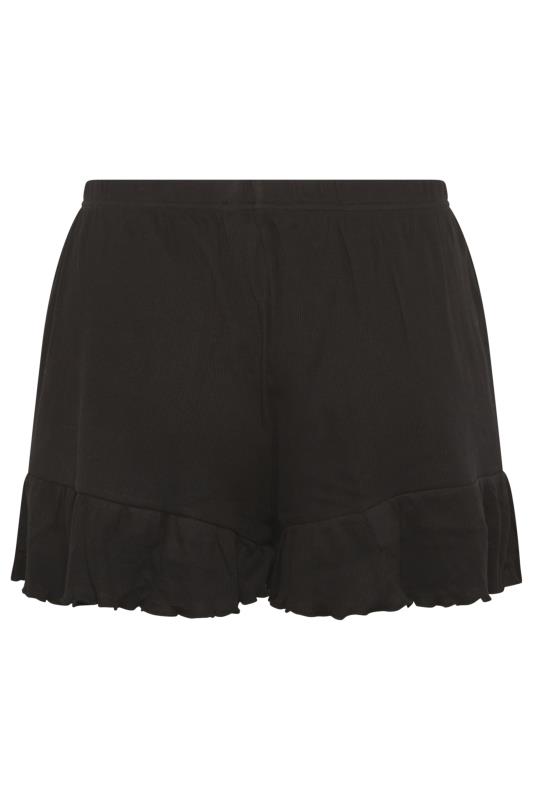 YOURS Plus Size Black Frill Ribbed Cotton Pyjama Shorts | Yours Clothing 6