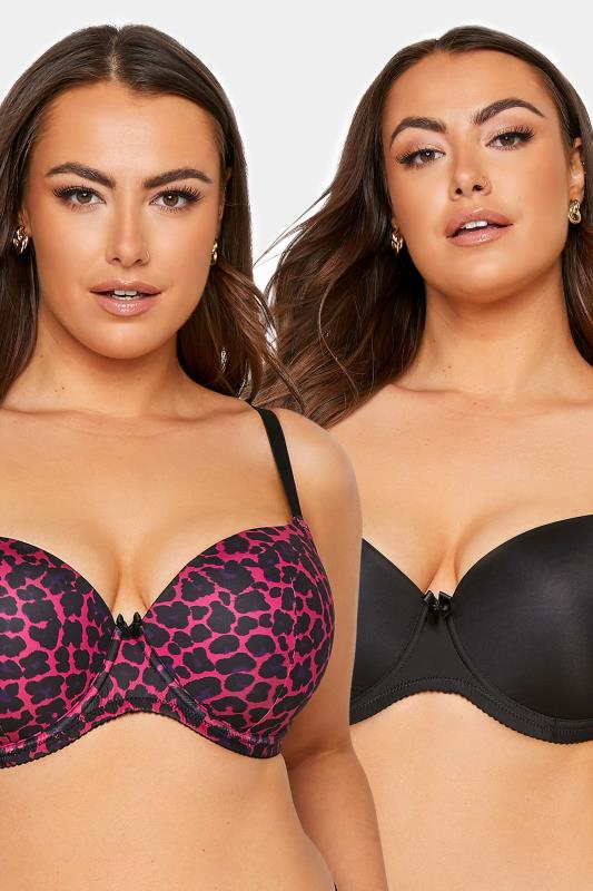 Plus Size  2 PACK Pink Animal Print & Black Padded T-Shirt Bras - Available In Sizes 38DD - 48G