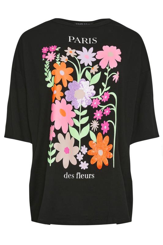 YOURS Plus Size Black Floral Print 'Paris' Slogan Oversized T-Shirt | Yours Clothing 5