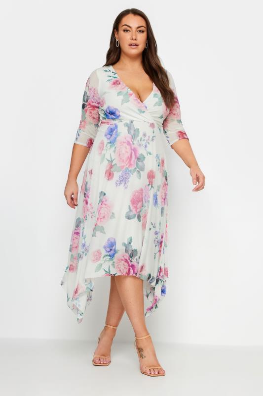  Grande Taille YOURS LONDON Curve White Floral Print Mesh Wrap Dress