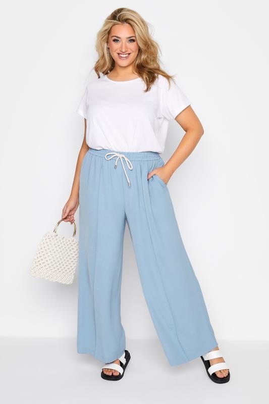 Plus Size Light Blue Lightweight Twill Wide Leg Trousers | Yours Clothing 2