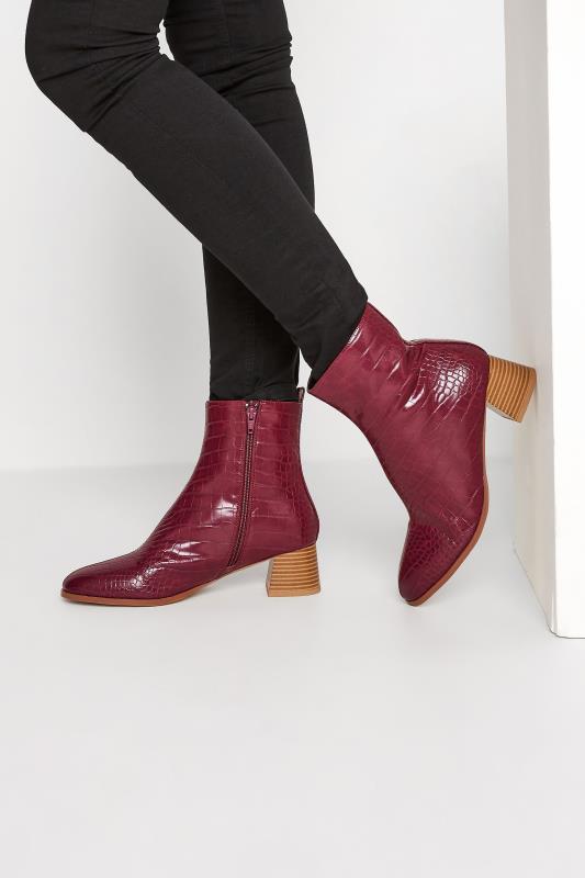 Tall  LTS Wine Red Croc Block Heel Boots In Standard Fit