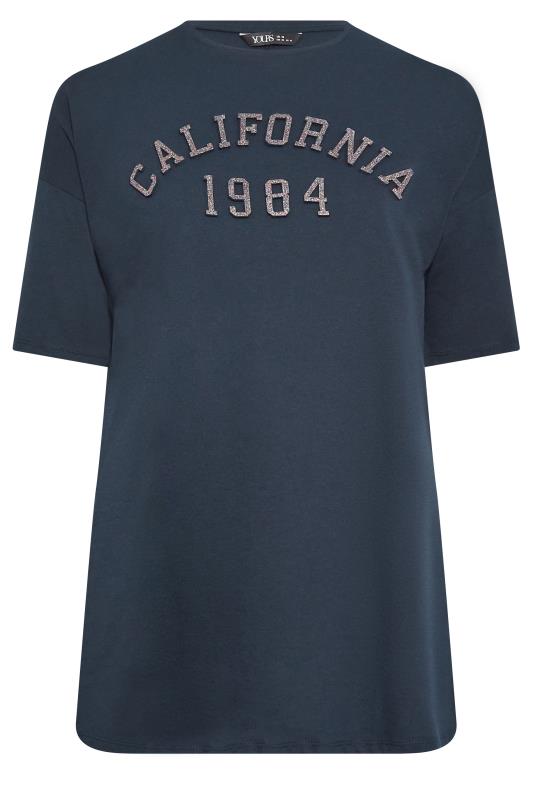 YOURS Curve Navy Blue 'California' Glitter Embossed T-Shirt | Yours Clothing  6