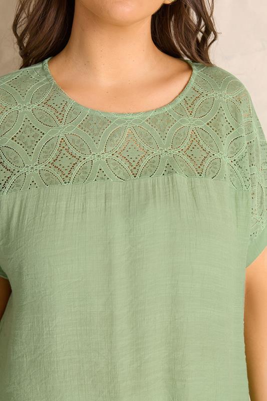 EVANS Plus Size Green Lace Detail Short Sleeve Top | Evans  4