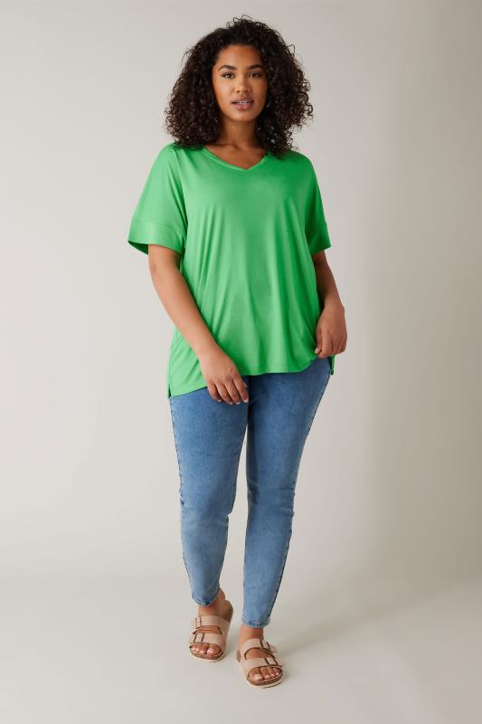 EVANS Plus Size Green V-Neck Modal Rich T-Shirt | Evans 2