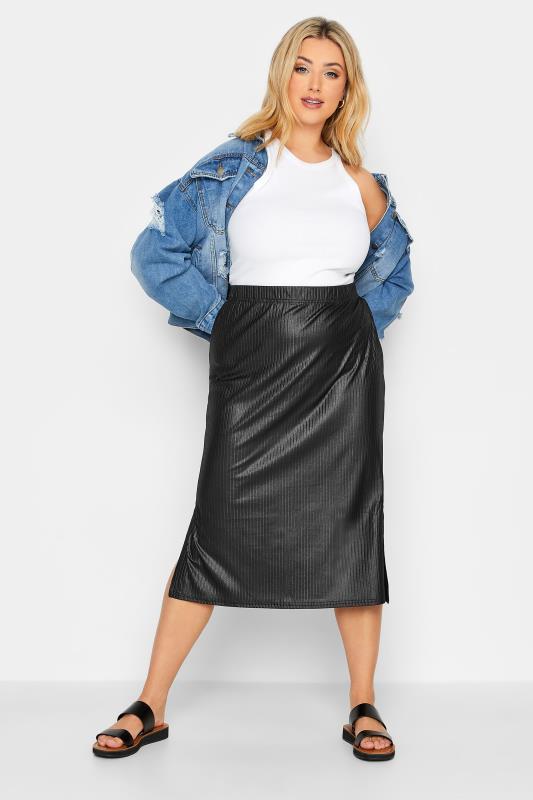 Plus Size Black Wet Look Ribbed Midaxi Skirt | Yours Clothing 2
