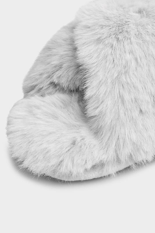 Grey Vegan Faux Fur Cross Strap Slippers In Standard Fit | Yours Clothing 6