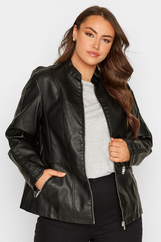 Womens Clothing Jackets Leather jackets Yours Clothing Denim Curve Black Zip Detail Waterfall Faux Leather Jacket 
