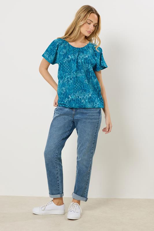 M&Co Blue Mixed Patchwork Print Cotton Scoop Neck Top | M&Co 1