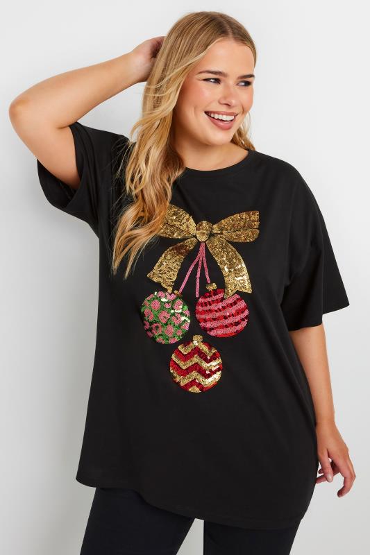 YOURS Plus Size Black Sequin Embellished Christmas Bauble T Shirt Yours Clothing