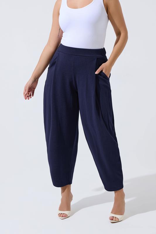 LIMITED COLLECTION Plus Size Navy BluePleated Barrel Leg Trousers | Yours Clothing 1