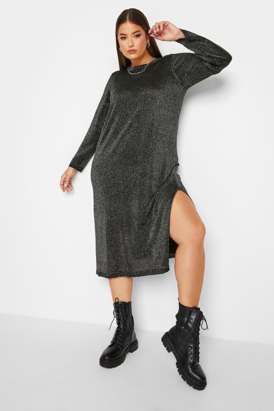Plus Size Black & Silver Glitter Midaxi Dress | Yours Clothing  1