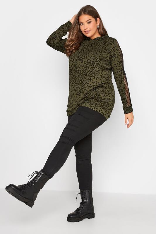 Curve Green Leopard Print Fishnet Sleeve Hoodie | Yours Clothing 2