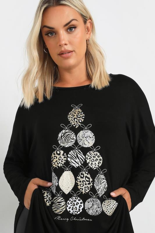 YOURS Plus Size Black Bauble Christmas Tree Print Top | Yours Clothing  5