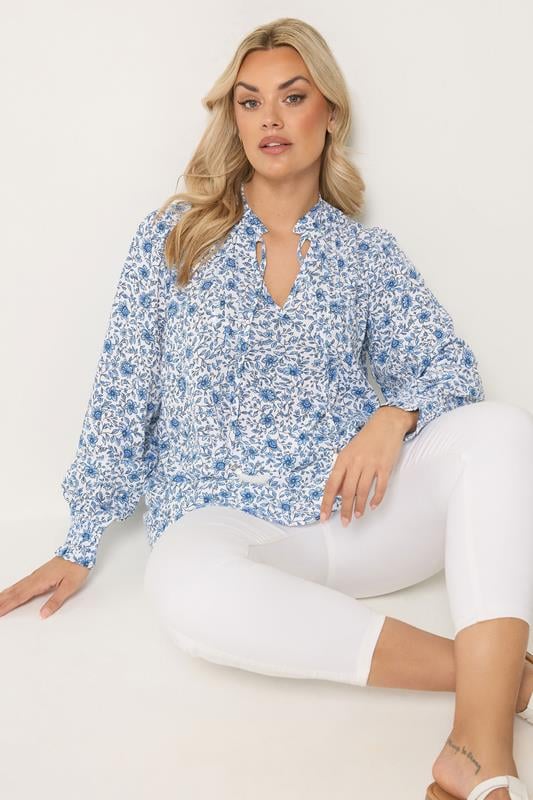  YOURS Curve Blue Floral Tie Neck Blouse