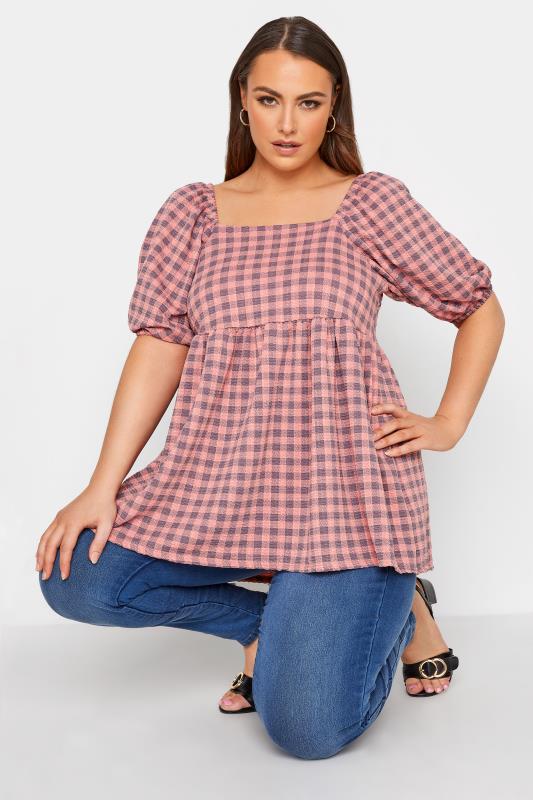 LIMITED COLLECTION Curve Pink Gingham Square Neck Smock Top 1