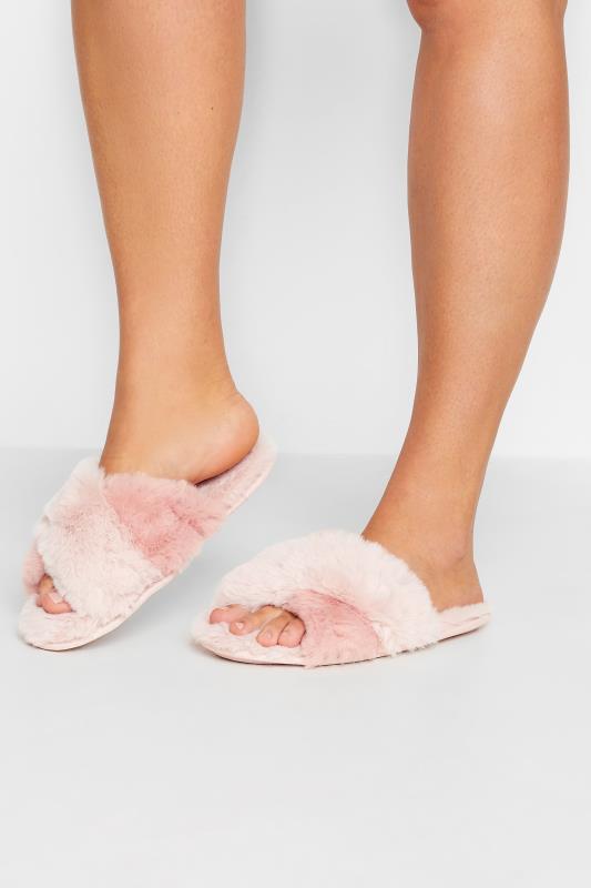 Plus Size  Pink Vegan Faux Fur Cross Strap Slippers In Standard Fit