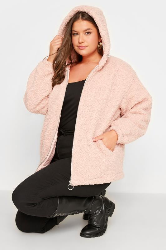 Plus Size  Curve Pink Teddy Hooded Jacket