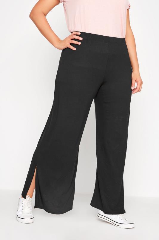 Plus Size Black Side Split Wide Leg Trousers | Yours Clothing 1