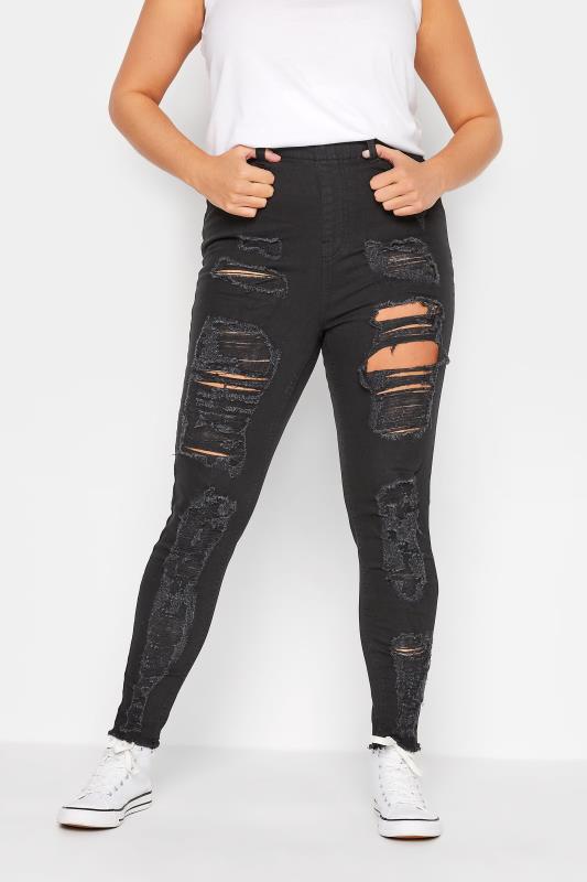 Plus Size  YOURS Curve Black Frayed Ripped Stretch GRACE Jeggings