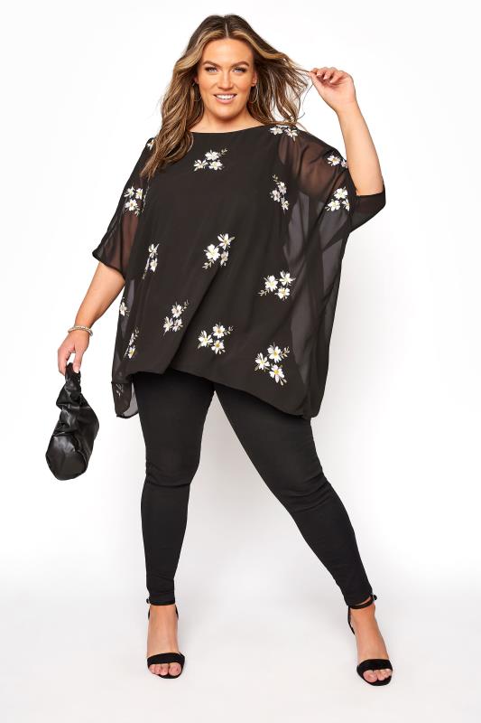 YOURS LONDON Black Daisy Embroidered Cape Top | Yours Clothing 2