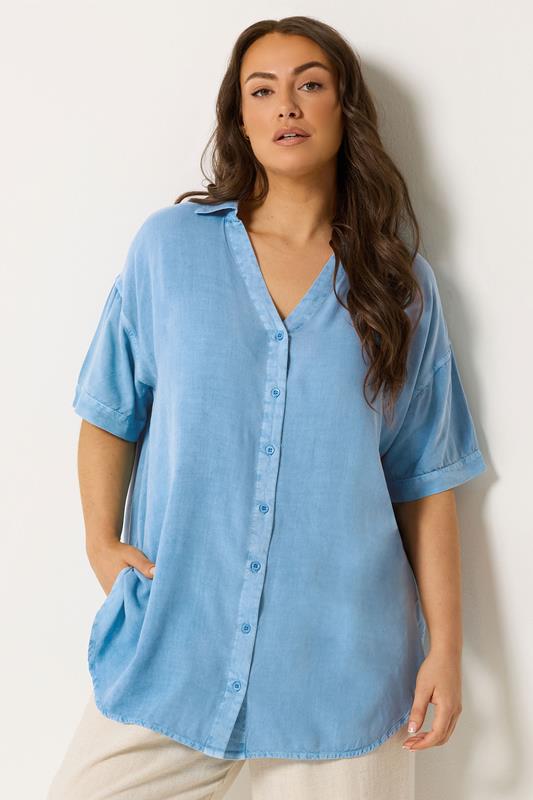  YOURS Curve Light Blue Short Sleeve Chambray Shirt