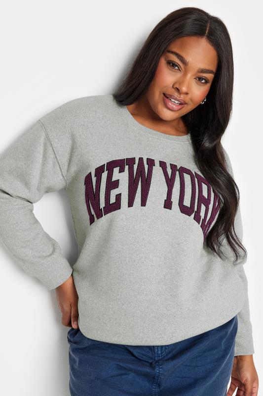 YOURS Plus Size Light Grey 'New York' Embroidered Slogan Sweatshirt | Yours Clothing 4