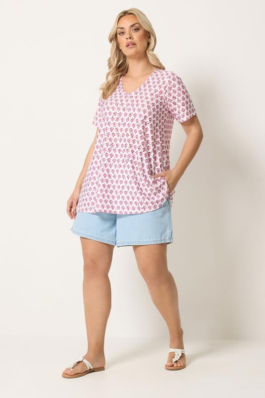 YOURS Plus Size White & Pink Broderie Swing Top | Yours Clothing 1