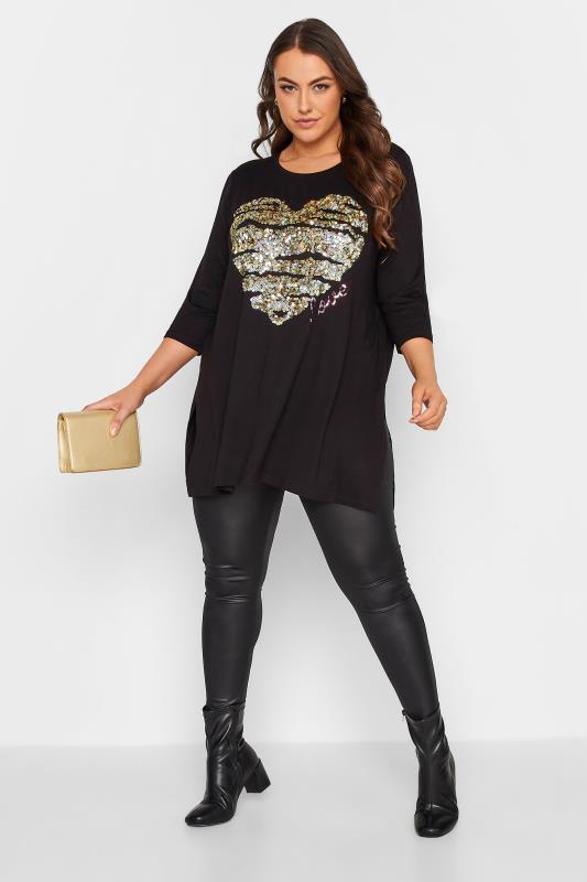 YOURS LUXURY Plus Size Black Love Heart Sequin Embellished Top | Yours Clothing 3