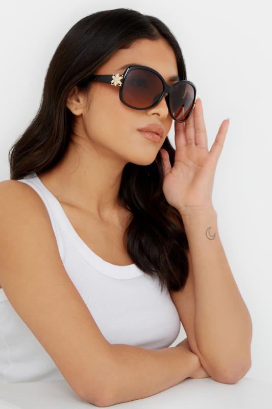 Plus Size  Yours Black Oversized Floral Detail Sunglasses