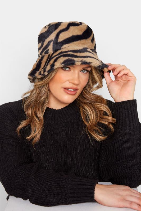 Brown Zebra Print Faux Fur Bucket Hat 2