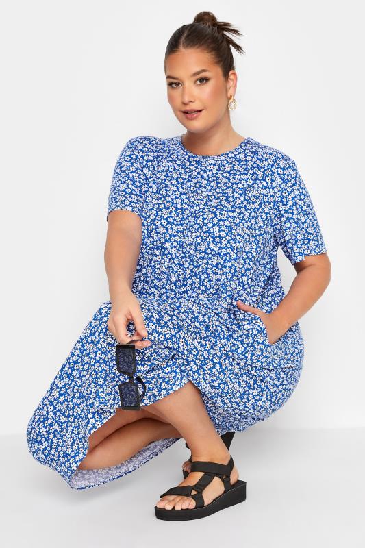 LIMITED COLLECTION Plus Size Cobalt Blue Floral Throw On Midi Dress | Yours Clothing 5