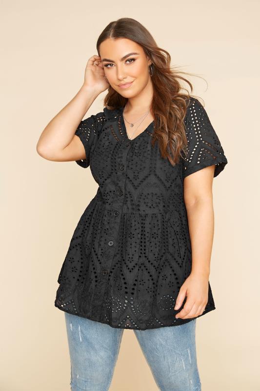 Curve Black Broderie Anglaise Lace Peplum Top 5