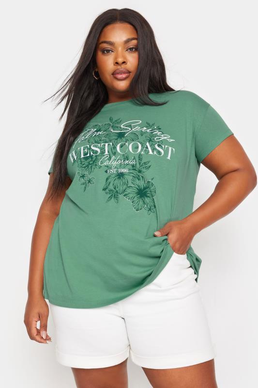 YOURS Plus Size Green 'Palm Springs' Slogan T-Shirt | Yours Clothing 1