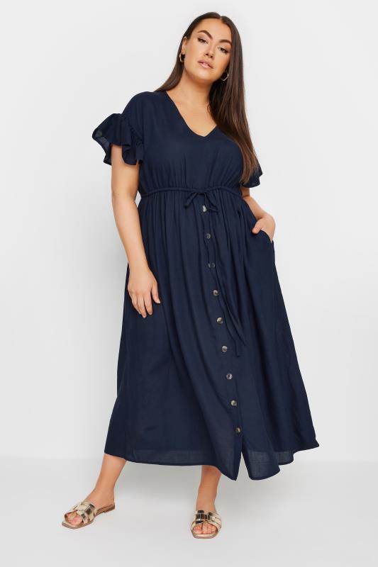 YOURS Plus Size Navy Blue Linen Maxi Dress | Yours Clothing 1