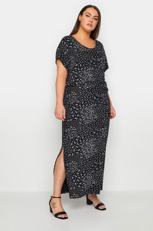 Plus Size  Evans Black Ditsy Floral Print Tie Waist Maxi Dress