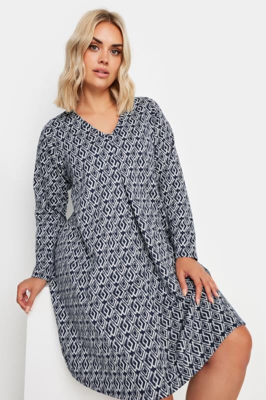 YOURS Plus Size Navy Blue Abstract Print Pleat Front Dress | Yours Clothing  1