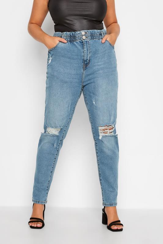 Plus Size Blue Ripped Elasticated MOM Jeans | Yours Clothing 1