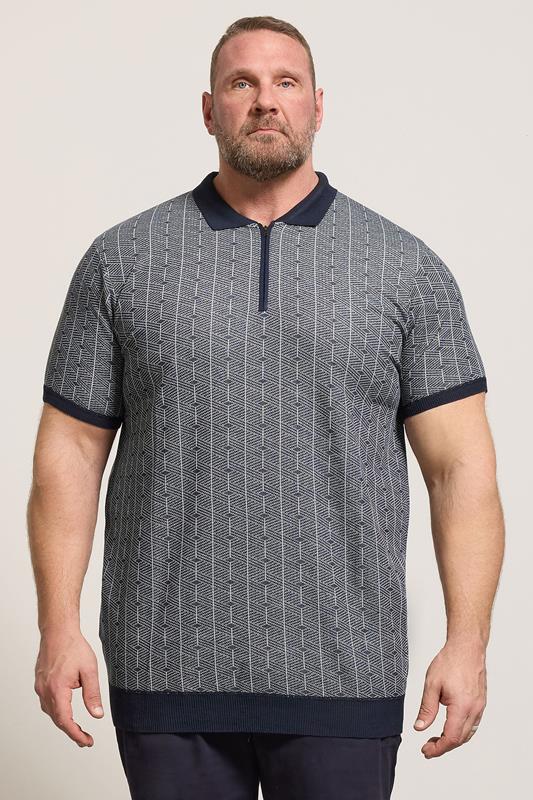D555 Big & Tall Navy Blue Knitted Quarter Zip Polo Shirt